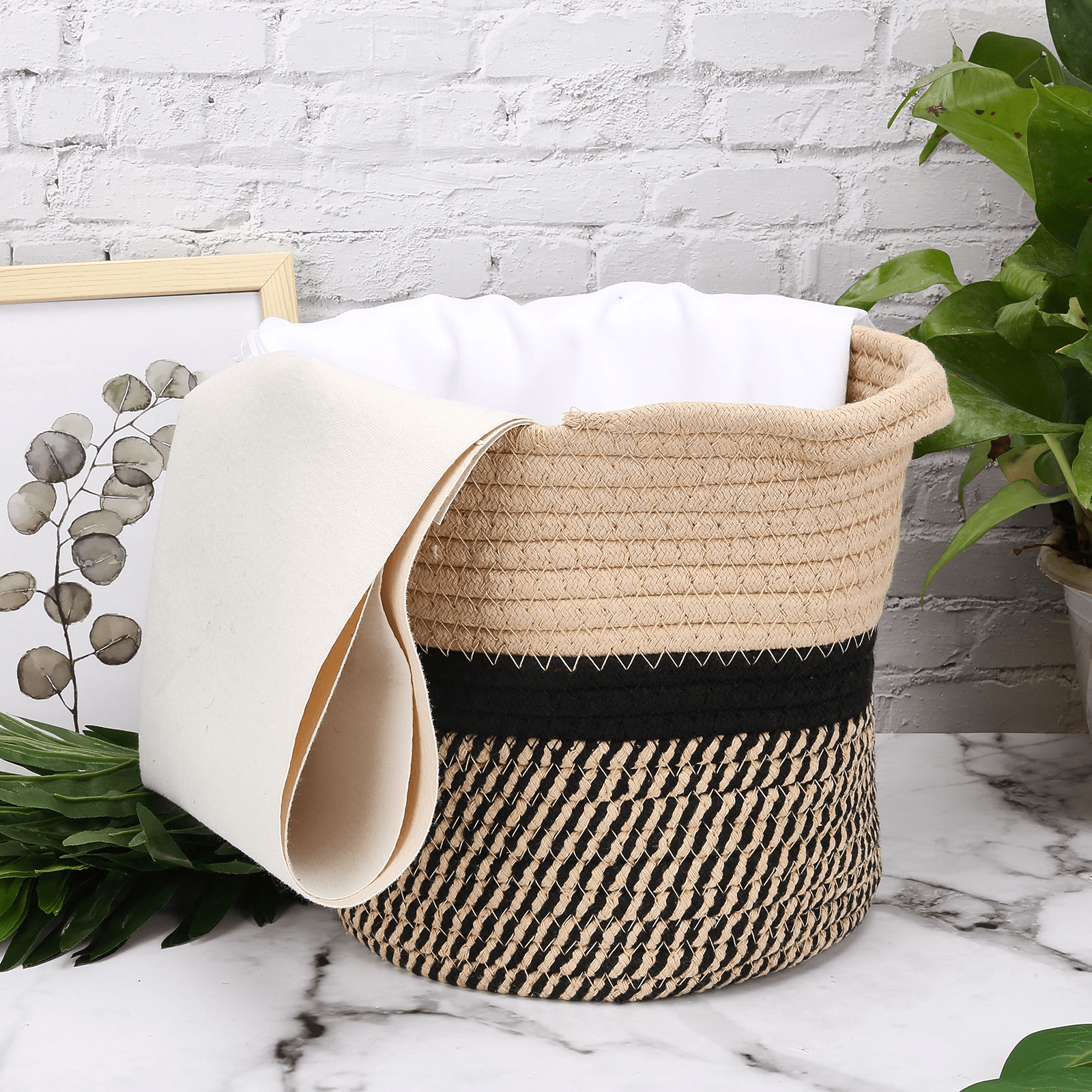 frJardioui Cache Pot Beige / Gris / Noir / 30X30cm Panier Cache Pot en Jute et Coton